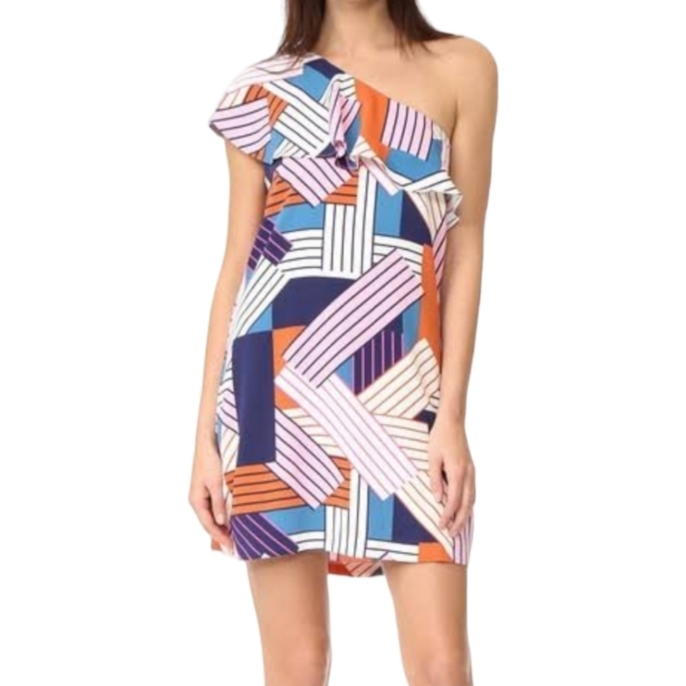 COOPER & ELLA Geometric Stripes Brooke One Shoulder Mini Dress Ruffles Women Med